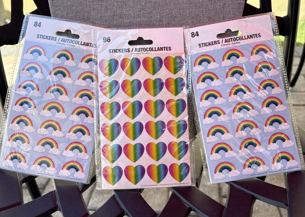 168 Rainbow & 96 Heart Stickers 4 Sheets Per Pack~3 NOS Sealed Packs