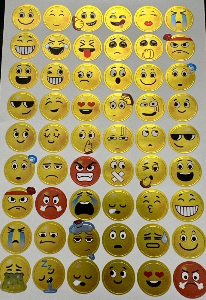 EMOJIS 54 FACES STICKERS✨😊😌😋🥰😭😄😂😝🙁😮😎😍😡🤐🙂✨8” X 5 1/2”✨FOIL✨CUTE✨