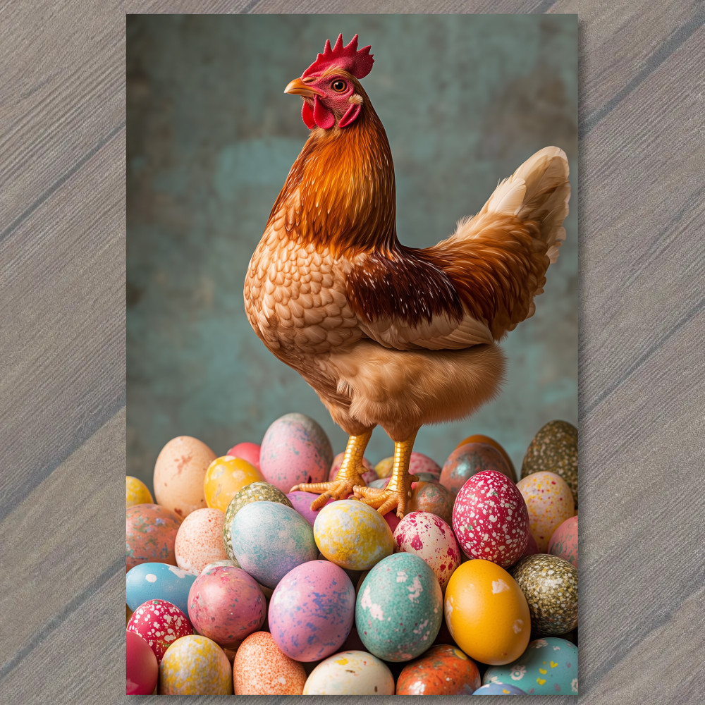 STICKER Rooster Chicken Standing Easter Eggs Colorful Festive Spring Farmyard