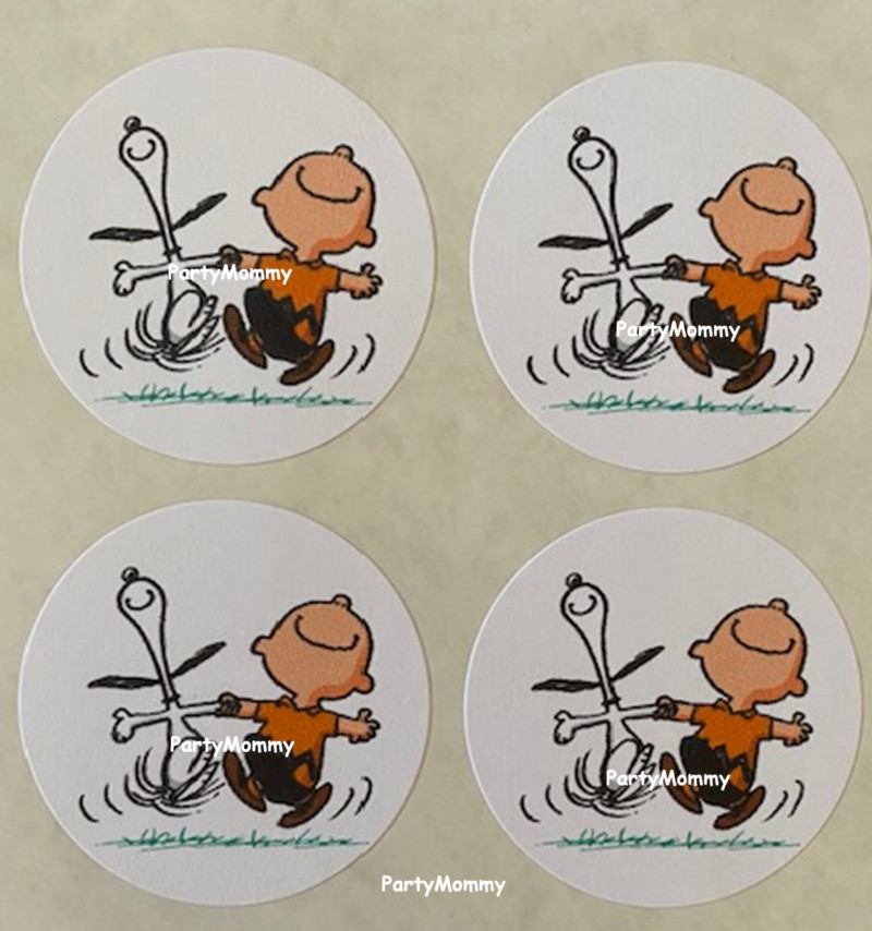 SNOOPY & CHARLIE BROWN STICKERS, ENVELOPE SEALS, LABELS, 1.5″, (30) ROUND, TAGS
