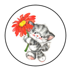 30 CUTE KITTEN WITH FLOWER ENVELOPE SEALS STICKERS LABELS TAGS 1.5″ ROUND CAT