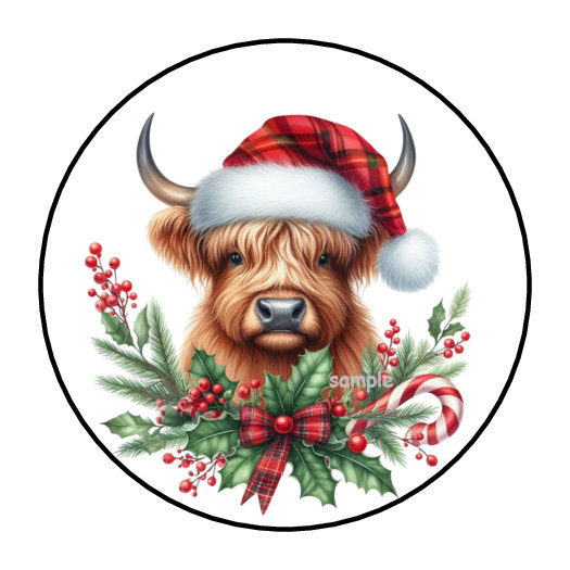 HIGHLAND COW CHRISTMAS ENVELOPE SEALS STICKERS LABELS TAGS 1.5″ ROUND (30)