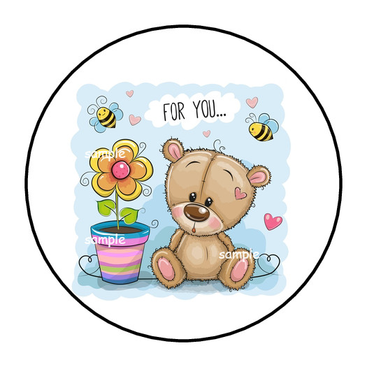 30 FOR YOU TEDDY BEAR AND FLOWERS STICKERS ENVELOPE SEALS LABELS 1.5″ ROUND