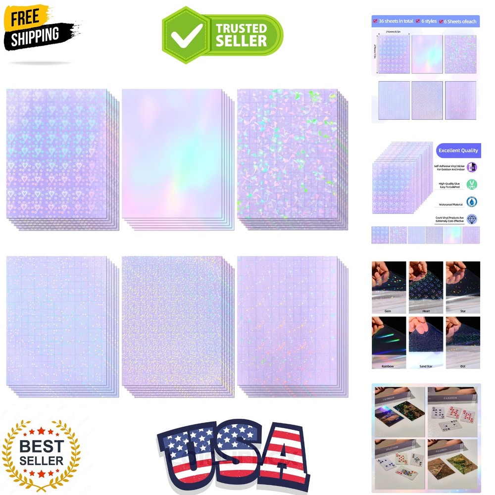 36 Sheets Holographic Sticker Paper, Clear Vinyl Lamination Sticker Film Self…