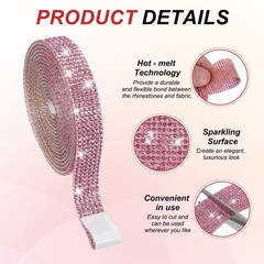 3 Rolls 6.6 Yards 0.5 Inch Crystal Rhinestones Ribbon for Crafts Pink