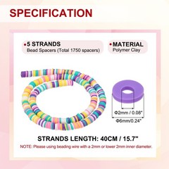 6mm 1750Pcs 5 Strands Polymer Clay Beads Spacer, Purple/Green/Pink/Yellow/White