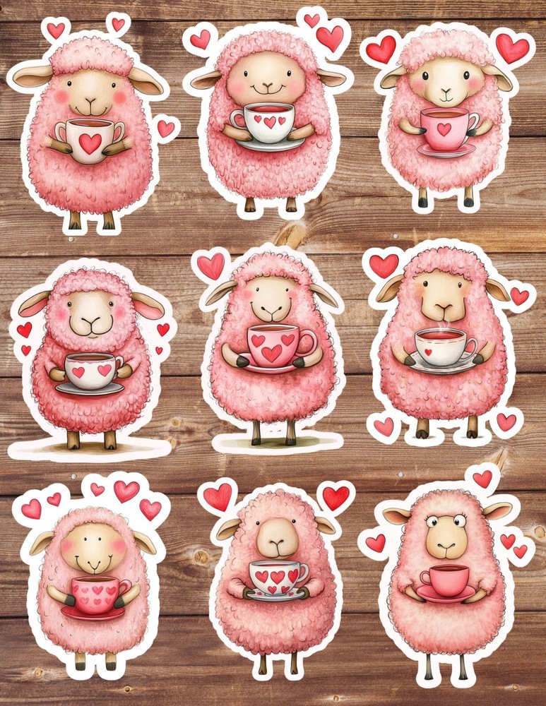 Valentines Pink Sheep Die Cut Vinyl Stickers Set Scrapbooking Laptop Waterbottle
