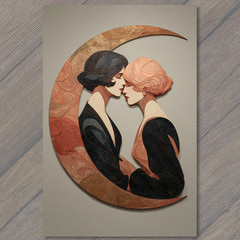 STICKER Two Women Crescent Moon Embrace Art Deco Style Romantic Feminine Elega