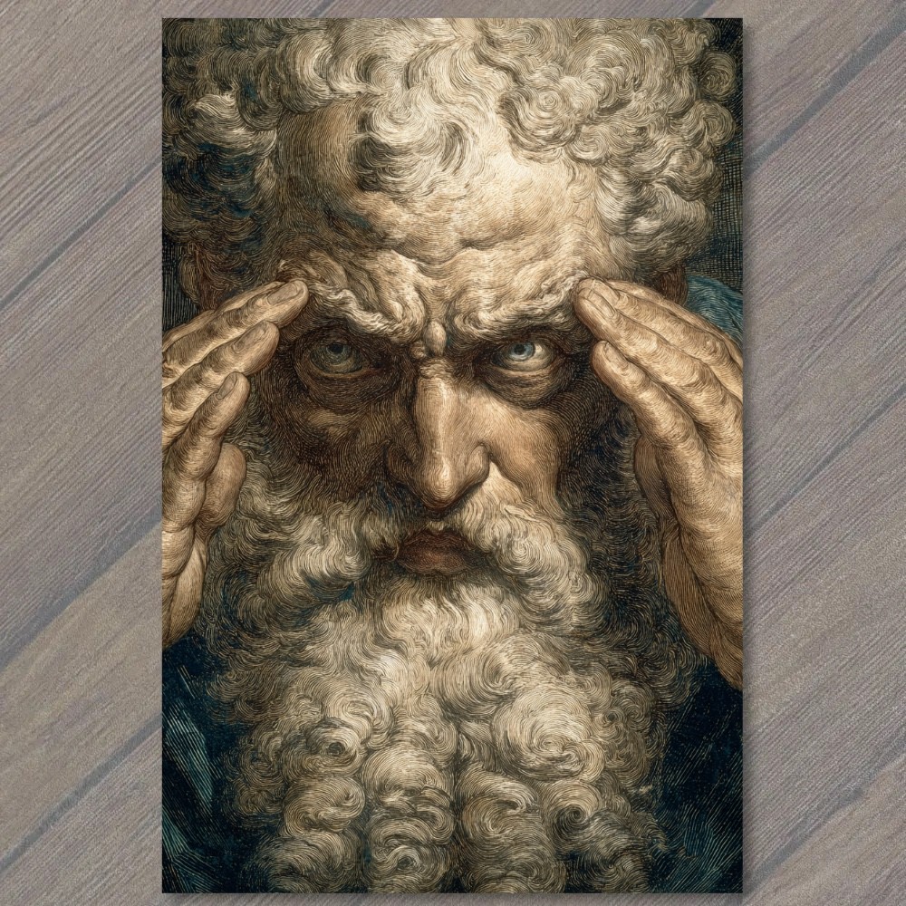 STICKER Zeus Beard Storm Clouds Mind Power Intense Gaze Engraved Portrait