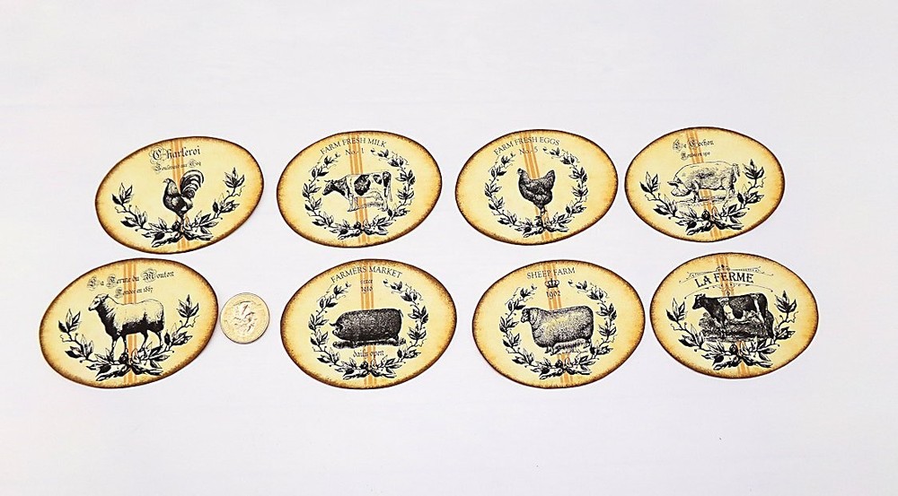 Farmhouse-Farm Animals-Prim-Linen Cardstock-Oval-Labels-Stickers-Set Of 8