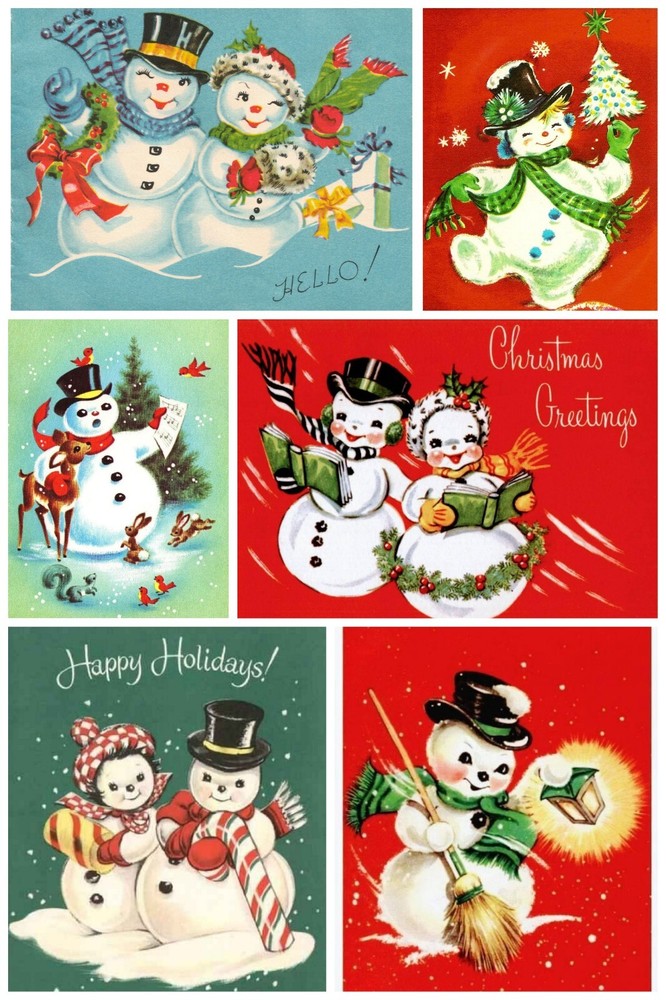 Handmade Set of 6 Retro Vintage Christmas Snowman STICKERS – Just Cut & Use!