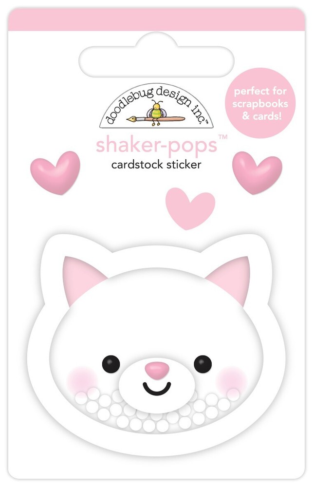 Doodlebug Stickers Shaker-Pop 3D Here Kitty Kitty Cat Face White Pink Ears Heart