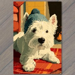 STICKER Westie Winter Beanie Fireside Cozy Plaid Blanket Puppy Portrait