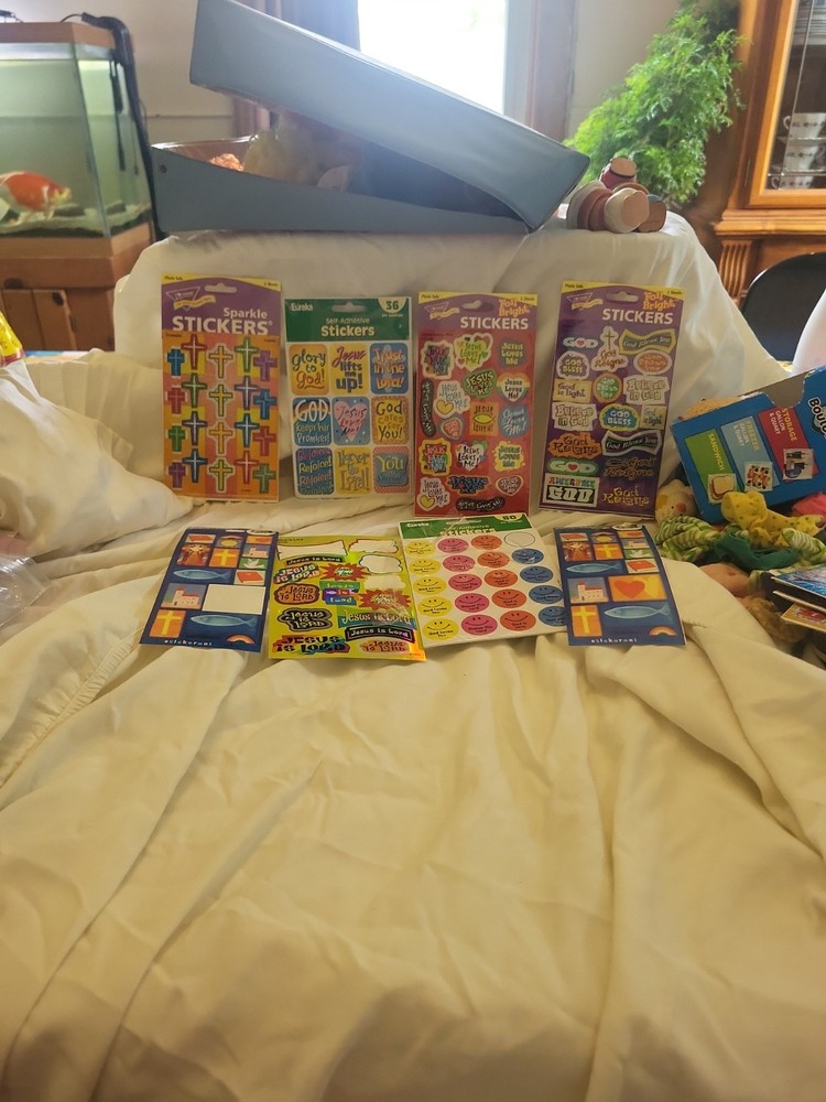 Package Lot Of Religious Stickers 4 Unopened, Opened Package Of 79, And 3 Sheets