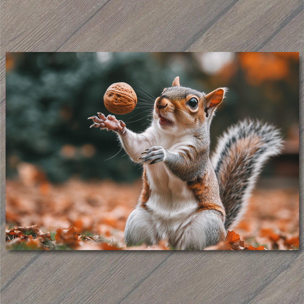 STICKER Squirrel Tossing Nut Fun Autumn Leaves Background Whimsical Fall Char