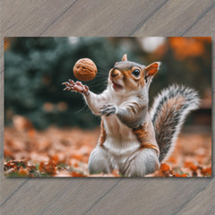 STICKER Squirrel Tossing Nut Fun Autumn Leaves Background Whimsical Fall Char