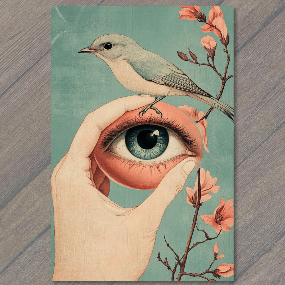 STICKER Blue Bird Standing Giant Eye Held Human Hand Strange Creepy Weird Goth