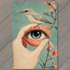 STICKER Blue Bird Standing Giant Eye Held Human Hand Strange Creepy Weird Goth