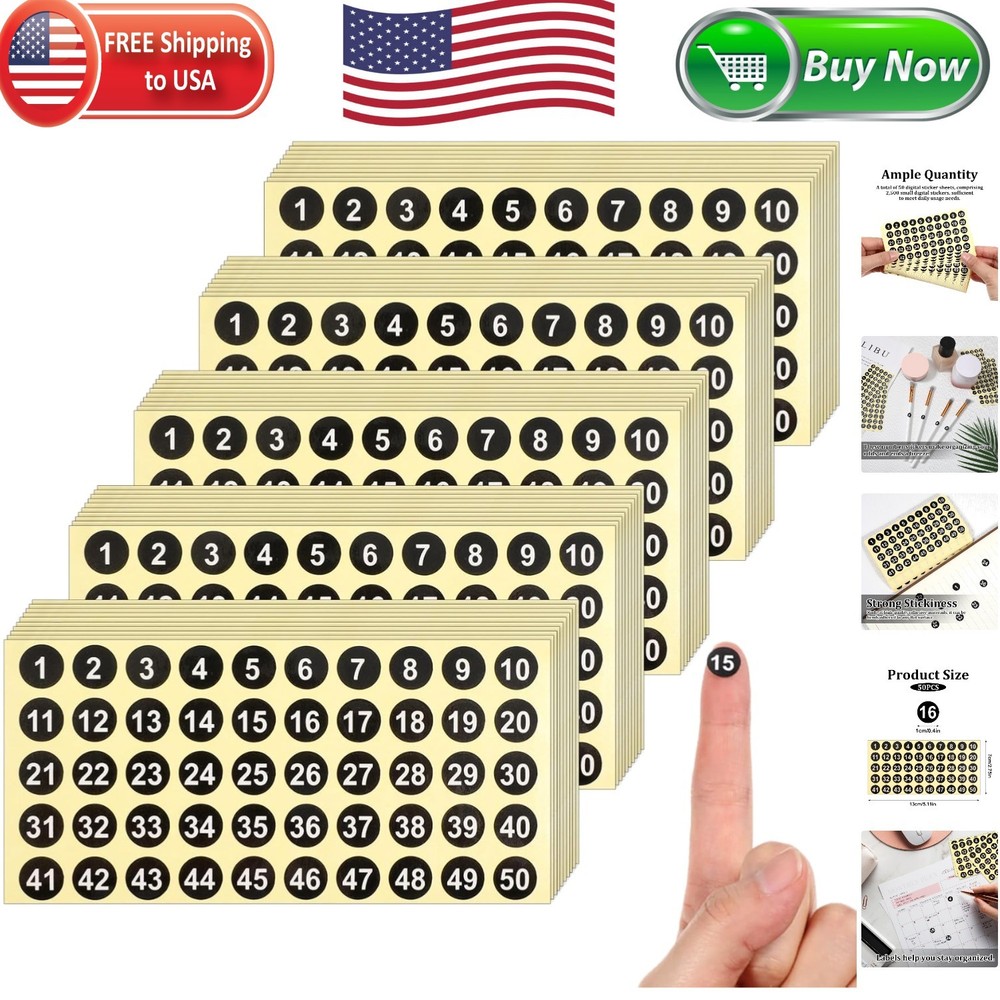 Durable 2500 Pcs Black Round Number Stickers – 0.4 Inch for Indoor/Outdoor Use