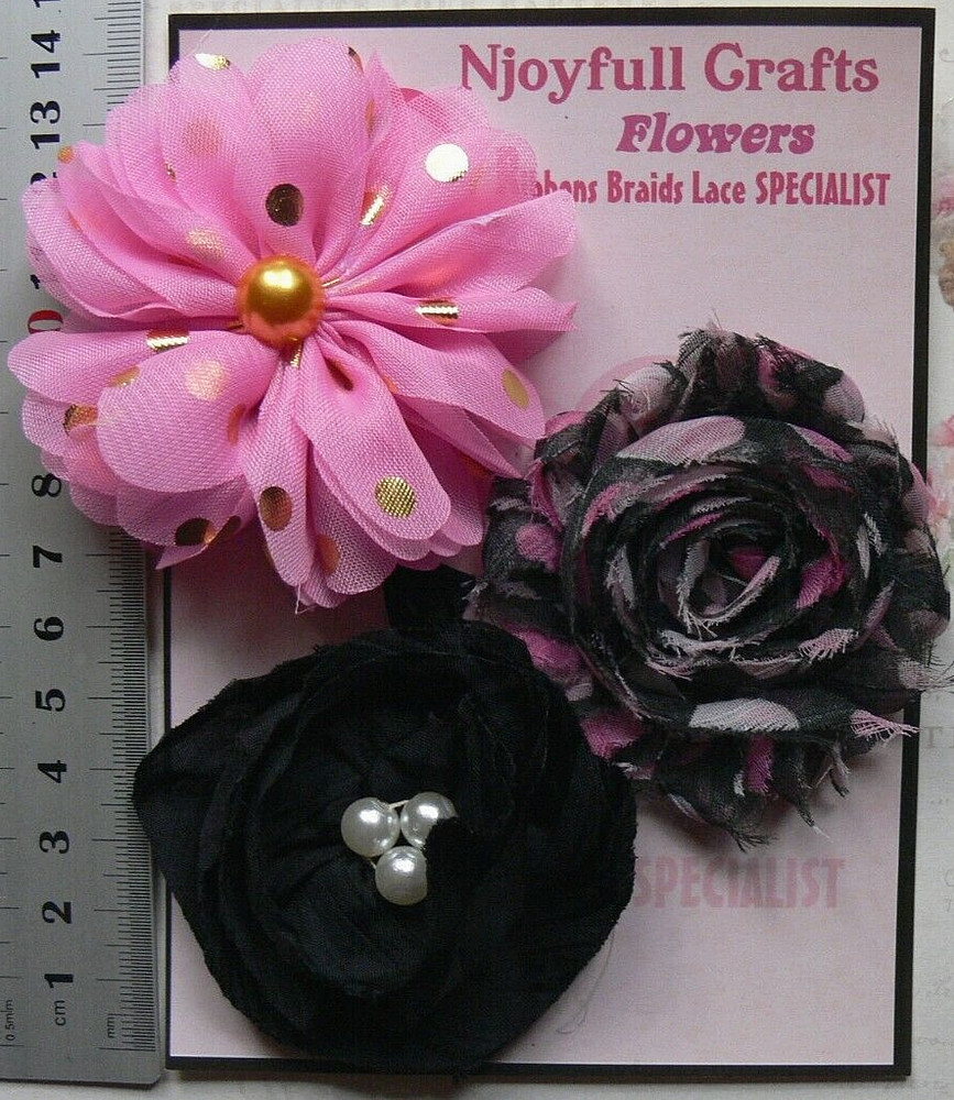 PINK Gold Spot & BLACK Combo – Fabric Organza – 60-75mm – 3 Flower Pack K1 NJC