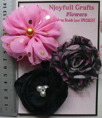 PINK Gold Spot & BLACK Combo – Fabric Organza – 60-75mm – 3 Flower Pack K1 NJC