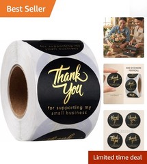 500 Round 2-Inch Black & Gold Thank You Stickers for Small Business Packaging