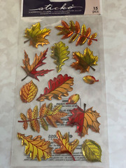 STICKO STICKERS ACRYLIC FALL LEAVES GOLD GREEN ORANGE YELLOW LEAVES 15PCS