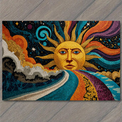 STICKER Golden Sun Face Mosaic Sky Swirling Waves Celestial Fantasy Dream