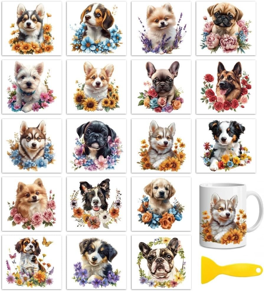18 Sheets Rub on Transfers for Crafts, Dog and Flowers 3.6″X3.9″ UV DTF Cup Wrap