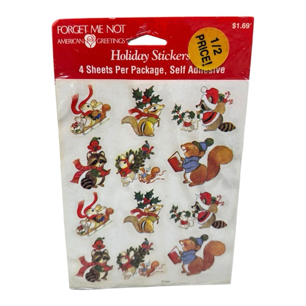Vintage American Greetings Holiday Stickers Raccoon Bunny Squirrel 4 Sheets