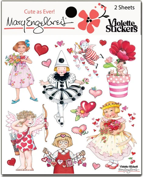 Mary Engelbreit Stickers 2 Sheets Whimsical Valentine Hearts Bow Arrow Ballerina