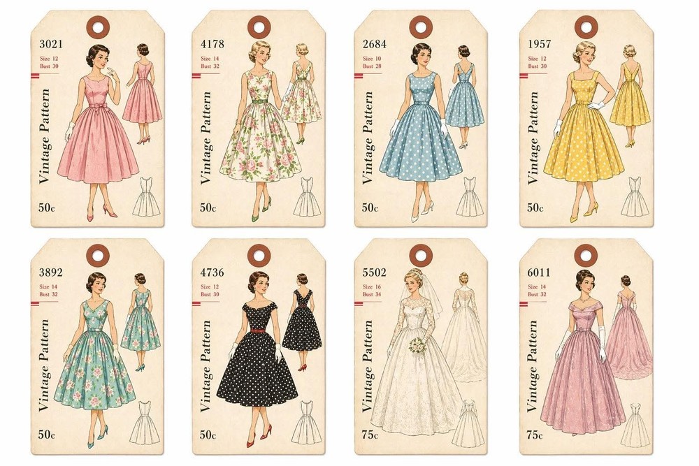 Vintage Sewing Pattern Tags Junk Journal Scrapbook USA PICK A Set
