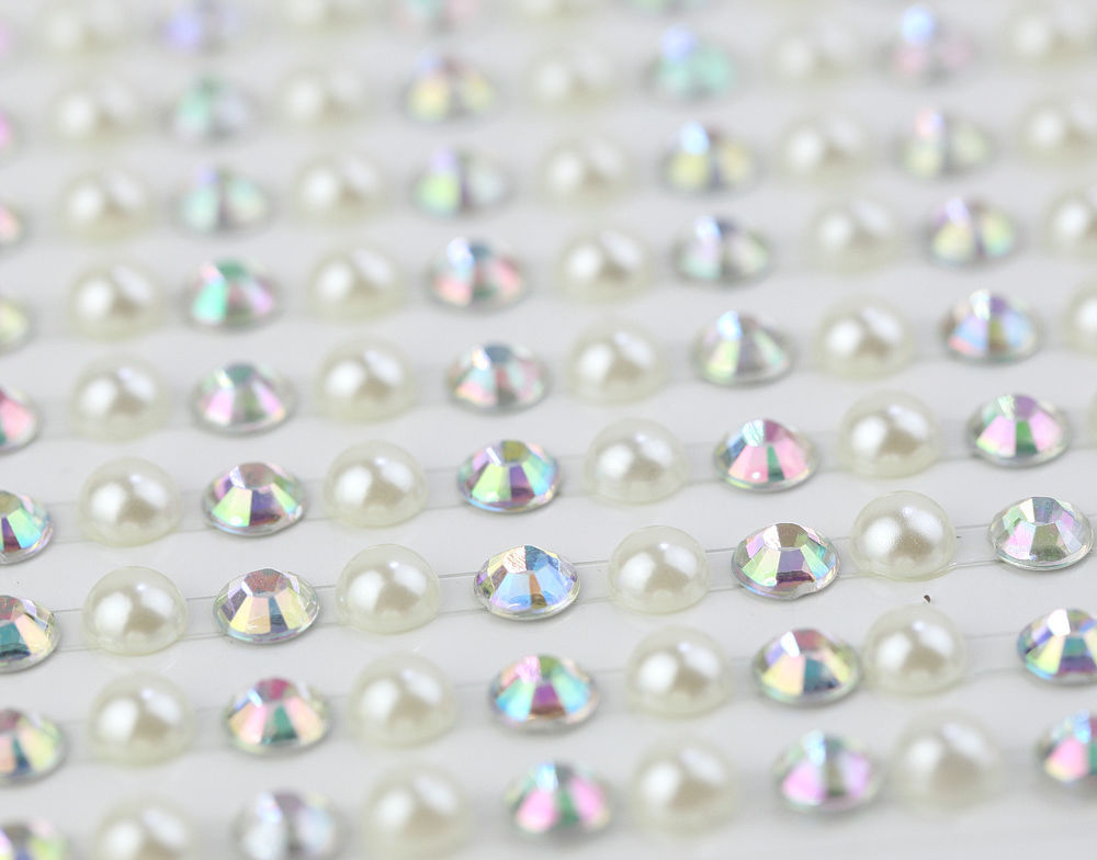 CraftbuddyUS 264pcs 5mm SeIf Adhesive Ivory Pearl & AB Clear Diamante Gem Strips