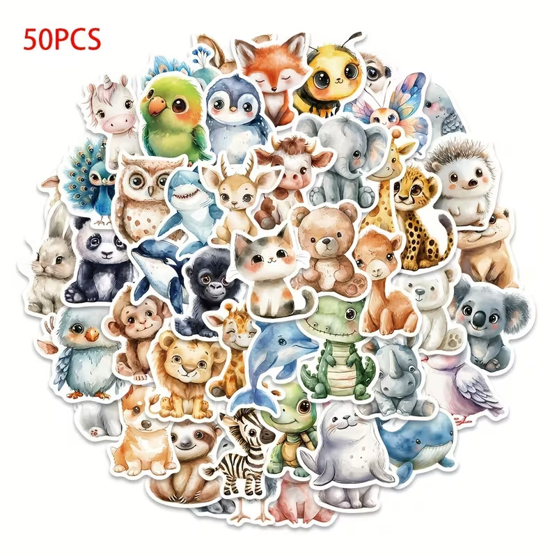 50 pcs Animals Cute Creative PVC Stickers, Cartoon Patterned, Self-Adhesive