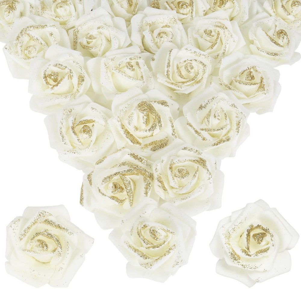 Gold Glitter Ivory Roses 100pcs Stemless Foam Flowers Artificial Real Looking…