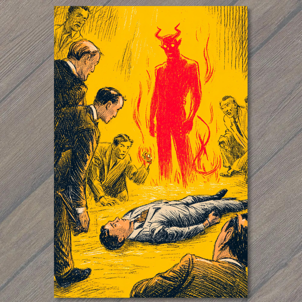 STICKER Fiery Red Devil Surrounded by Men Yellow Background Retro Horror Style
