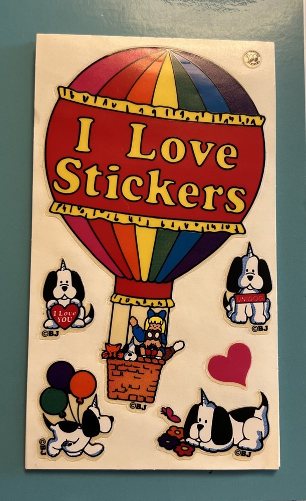 Vintage 80s Sticker BJ Large I Love Stickers Hot Air Balloon 6.5 X 3.5 Rare