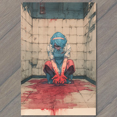 STICKER Blue Hair Girl Bloody Hands Grimy Bathroom Floor Red Horror Distress