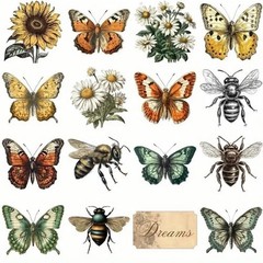 50pc Vintage Retro Bee Butterfly, Flower & Mushroom Sticker Set For Scrapbooking