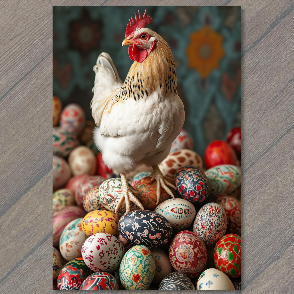 STICKER Rooster Chicken Standing Easter Eggs Colorful Festive Spring Farmyard