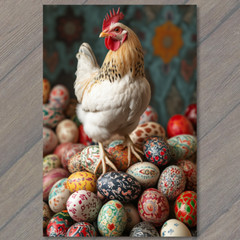 STICKER Rooster Chicken Standing Easter Eggs Colorful Festive Spring Farmyard