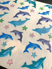 9 mod DOLPHIN SEA ocean SANDYLION vintage UNCUT sticker PRISM prismatic glitter