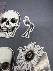 4 Sticker Set Black and White Line Art Skulls Flowers By Julie de Graag Skeleton