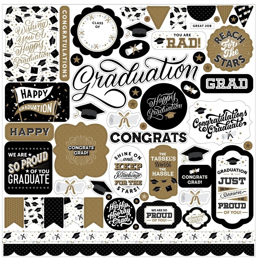 (1) 12×12 Sheet Echo Park Paper GRADUATION Scrapbook Element Stickers