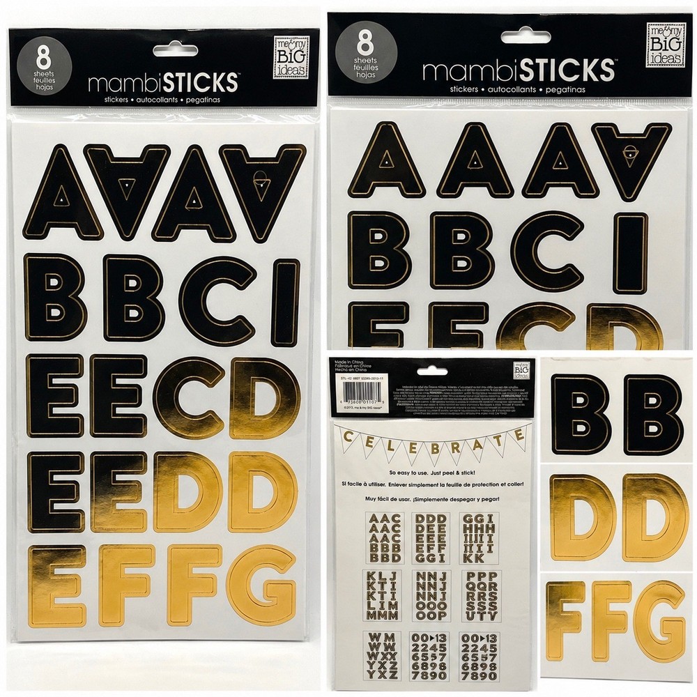 Me & My Big Ideas mambiSTICKS Black Gold Foil Alphabet Number Stickers 8 Sheets