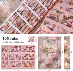 Pink Roses Bible Tabs, 105 Pcs Oil Painting Floral Gold Foil Index Tabs with Rul