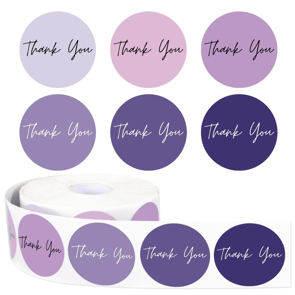 1000 Purple Thank You Stickers – 6 Lavender Colors, Adhesive Seal Decals for Par