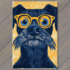 STICKER Black Dog Orange Glasses Mustache Funny Nerd Cartoon Puppy Humor