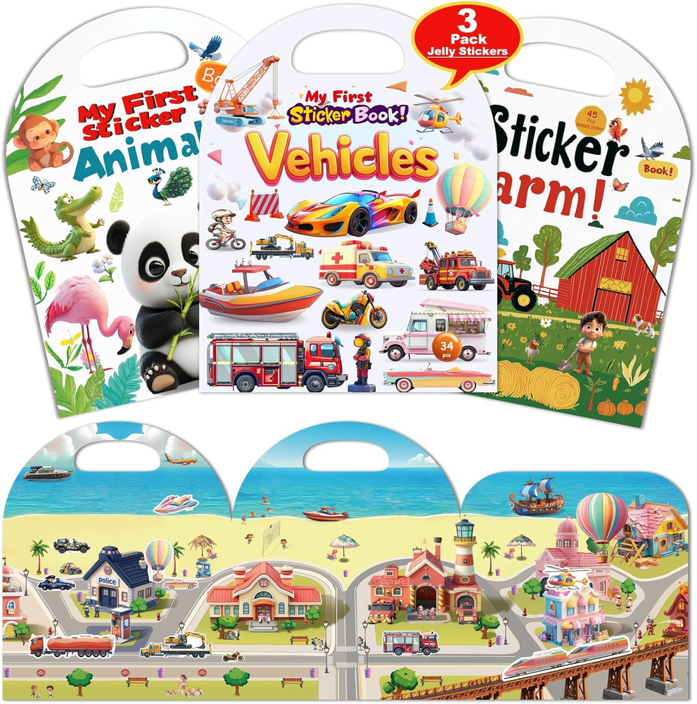 3-Pack Reusable Sticker Books for Toddlers 2-4 Years, Vehicles, Animals & Farm