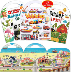 3-Pack Reusable Sticker Books for Toddlers 2-4 Years, Vehicles, Animals & Farm
